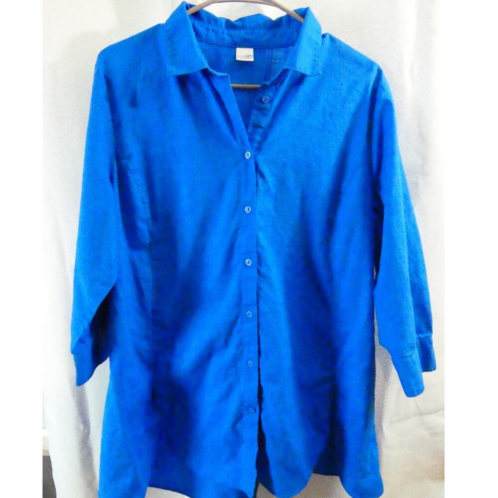 East 5th Large Women's Blue Blouse 3/4 Sleeves Collared Cotton Button Up